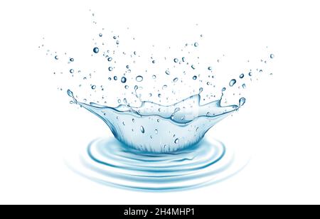 Blue water splash and drops isolated on white background. Aqua crown. Vector illustration. Stock Vector