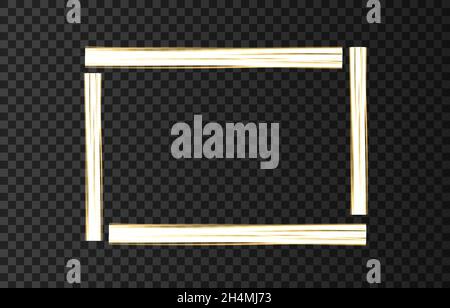 Gold glowing frame with lights effects isolated on black transparent background. Shining  golden  square banner. Vector neon shape. Stock Vector