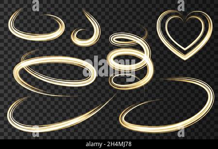 Golden neon swirling circles speed motion lights effects isolated on  transparent background. Shining  gold  magic  ring trace. Vector glitter shimmer Stock Vector