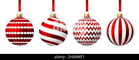 Red   Christmas  ball  with pattern  isolated on white background. Xmas  tree decoration. Vector bauble set. Stock Vector