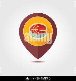 Steak of red fish salmon pin map icon. Farm animal Map pointer. Map marker. Graph symbol for your web site design, logo, app, UI. Vector illustration Stock Vector
