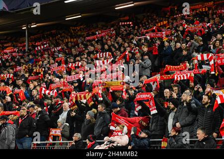 The Liverpool fans sing You’ll Never Walk Alone before the game Stock Photo