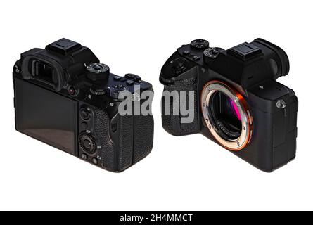 Diagonal front and back view of an isolated black color Japanese professional Full-frame mirrorless interchangeable-lens camera with a 35 mm format di Stock Photo