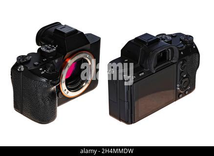 Isolated black Japanese professional Full-frame mirrorless interchangeable-lens camera with a 35 mm format digital sensor visible from diagonal front Stock Photo