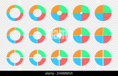 Pie and donut charts set. Circle diagrams divided in 4 sections. Colorful infographic wheels. Round shapes cut in four equal parts isolated on transparent background. Vector flat illustration. Stock Vector