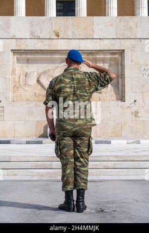 Change of Guard at the Monument of the Unknown Soldier  at Syntagma Square the Greek HELLENIC Parliament that is the central square of Athens. Stock Photo