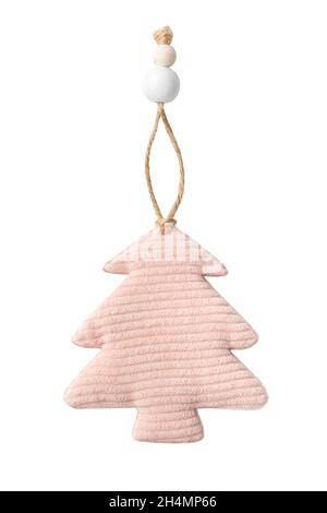 Christmas tree toy made of pink velvet fabric in the shape of a Christmas tree isolated on a white background. Decor element, decoration for the New Stock Photo