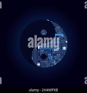 Yin yang symbol with a technological electronics circuit. Blue background. Stock Vector
