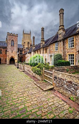 UK, Somerset, Vicars Close and Wells Cathedral Stock Photo