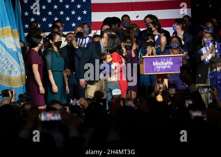 Boston Mayor Michelle Wu and her husband Conor Pewarski pose for a ...