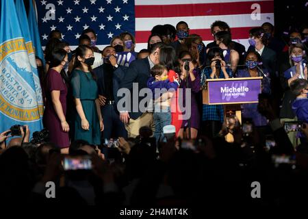 Boston Mayor Michelle Wu and her husband Conor Pewarski pose for a ...