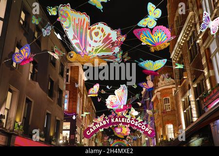 London, UK. 3rd Nov, 2021. Carnaby Street Christmas decorations in London, England with a colourful butterfly theme which is designed as a metaphor exemplifying spiritual rebirth, transformation, change and hope. the installation is in collaboration with the charity Choose Love to raise funds for refugees around the world. Credit: Paul Brown/Alamy Live News Stock Photo