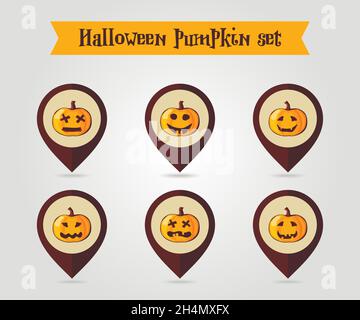 Halloween pumpkins mapping pin icon set, vector illustration eps 10 Stock Vector