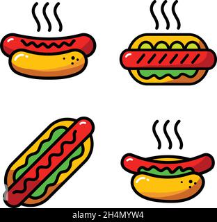 Hot dog icons set in simple style. Outline set of hot dog vector icons flat isolated on white background. Stock Vector