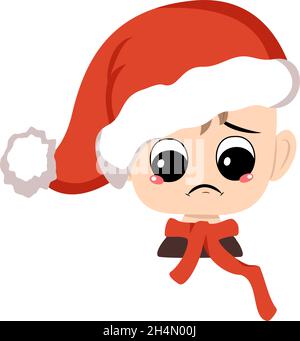 Boy with crying and tears emotion, sad face, depressive eyes in red Santa hat. Cute kid with melancholy expression in carnival costume for New Year, Christmas and holiday. Head of adorable child Stock Vector