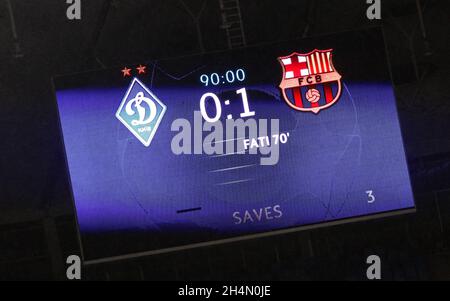 KYIV, UKRAINE - NOVEMBER 2, 2021: Final score of the UEFA Champions League game Dynamo Kyiv v Barcelona seen on the scoreboard of NSK Olimpiyskiy stadium in Kyiv, Ukraine. Barcelona won 1-0 Stock Photo