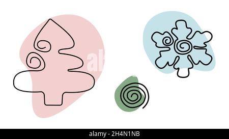 New Year and Christmas vector set of simple illustrations in Line Art style with colored spots Christmas tree and snowflake isolated on white background. Vector illustration. Stock Vector