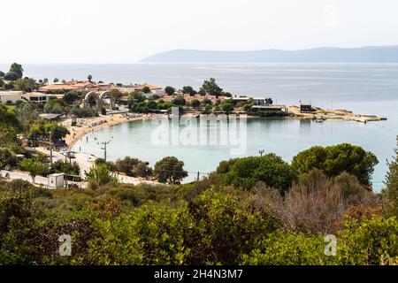 Akkum, Izmir, Turkey – October 5, 2020. View of Akkum settlement, cove and Buyuk Akkum sandy beach in Izmir province of Turkey. Stock Photo