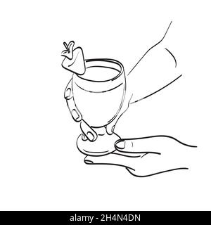 closeup hand holding glass of cocktail illustration vector isolated on white background line art. Stock Vector