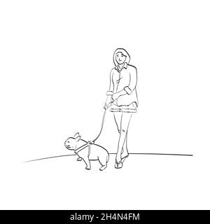 woman with her bulldog illustration vector isolated on white background line art. Stock Vector