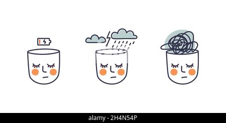 Symptoms of a mental health disorder. Appathy, depression, confusion, confusion. Vector doodle heads symbolizing psychological problems. Stock Vector