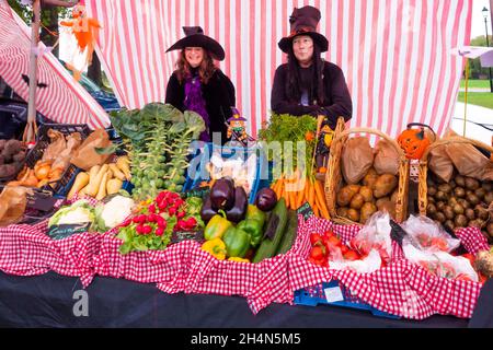 Two woman stall holders at a farmer's market at the Walled Rose Garden Wynyard Hall dressed for Halloween serving fruit and vegetables in pouring rain Stock Photo