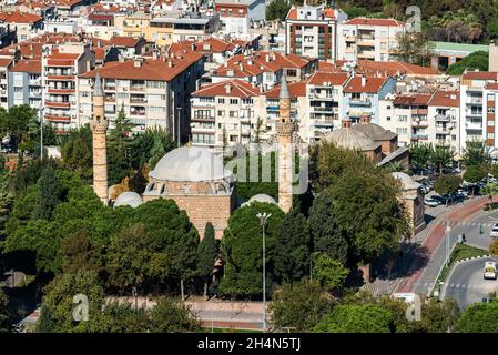 Manisa, Turkey – November 8, 2020. Aerial view over downtown Manisa, toward Hafsa Sultan mosque. Stock Photo