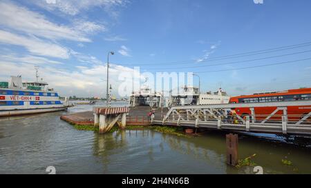 Vam Cong ferries prepare to transfer passengers on the Mekong River Stock Photo