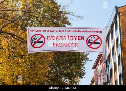 Kutahya, Turkey – November 17, 2020. Billboard stating ‘Smoking prohibited’ in Kutahya, Turkey. Smoking in outdoor places was banned nationwide in Tur Stock Photo
