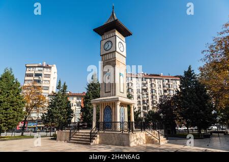 Kutahya, Turkey – November 17, 2020. Tiled clock tower (Saat kulesi) in Azerbaijan park in downtown Kutahya. The building dates from 2006 and was buil Stock Photo