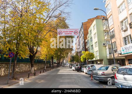 Kutahya, Turkey – November 17, 2020. Street view in Kutahya city in Turkey, with a billboard stating ‘Smoking prohibited’. Smoking in outdoor places w Stock Photo