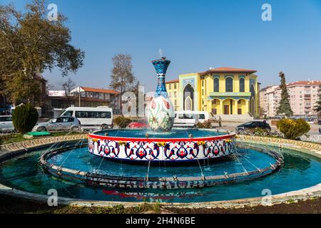 Kutahya, Turkey – November 17, 2020. Fountain dedicated to Kutahya pottery, located in the centre of a roundabout on Ataturk bulvari avenue in Kutahya Stock Photo
