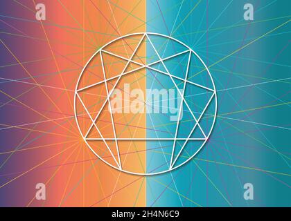Enneagram icon, sacred geometry, diagram logo template, universal energy symbols vector illustration isolated on colorful background Stock Vector