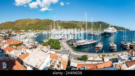 Marmaris, Mugla, Turkey – September 30, 2020. Panoramic view over Netsel Marina in Marmaris resort town in Turkey. View with yachts, commercial proper Stock Photo