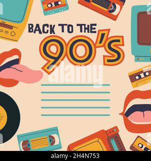 Back to the 90s. Video and audio cassettes, TV with VCR, vinyl records. Vector multicolor background for poster or invitation. Stock Vector