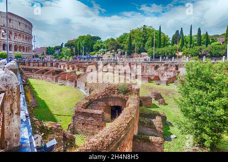 Ludus Magnus, ruins of the ancient gladiator school near the Colosseum in Rome, Italy Stock Photo