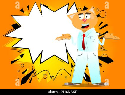 Funny cartoon cat shrugs shoulders expressing don't know gesture. Vector illustration. Cute orange, yellow haired young kitten. Stock Vector