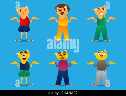 Funny cartoon cat shrugs shoulders expressing don't know gesture. Vector illustration. Cute orange, yellow haired young kitten. Stock Vector