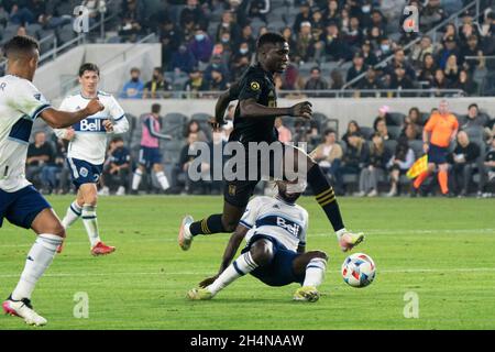 Los Angeles, United States. 26th Oct, 2021. Los Angeles FC defender Mamadou  Fall (5) takes a shot during a MLS match against the Seattle Sounders,  Tuesday, Oct. 26, 2021, in Los Angeles