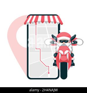Design of santa claus making delivery on a motorcycle with location from the cell phone Stock Vector