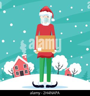 Young man dressed as a christmas elf making delivery with security protocols Stock Vector