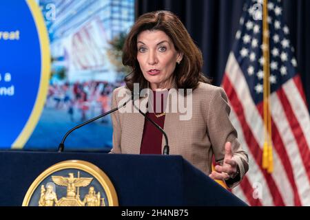 New York, USA. 03rd Nov, 2021. Governor Kathy Hochul makes an announcement about new plan transforming Penn Station into modern, world-class train facility and holds press brieifng at New York City governor's office on November 3, 2021. She was joined by Janno Lieber, MTA Acting Chair and CEO and Tom Wright President and CEO Regional Plan Association. (Photo by Lev Radin/Sipa USA) Credit: Sipa USA/Alamy Live News Stock Photo