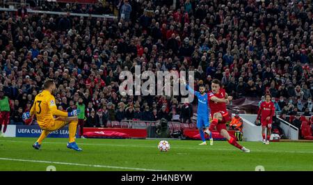 Liverpool. 3rd Nov, 2021. Liverpool's Diogo Jota (Front, R) scores a third goal, but it was disallowed following a VAR review during the UEFA Champions League Group B match between Liverpool and Atletico Madrid in Liverpool, Britain, on Nov. 3, 2021. Liverpool won 2-0. Credit: Xinhua/Alamy Live News Stock Photo