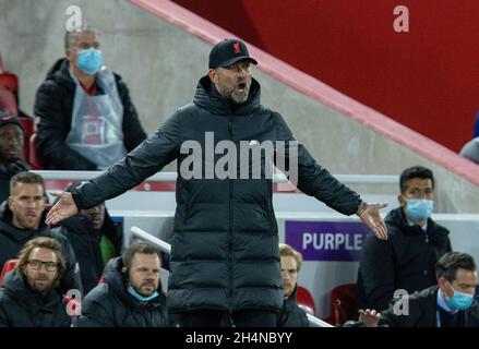 Liverpool. 3rd Nov, 2021. Liverpool's head coach Jurgen Klopp reacts during the UEFA Champions League Group B match between Liverpool and Atletico Madrid in Liverpool, Britain, on Nov. 3, 2021. Liverpool won 2-0. Credit: Xinhua/Alamy Live News Stock Photo