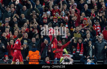 Liverpool. 3rd Nov, 2021. Liverpool's Sadio Mane (R) celebrates scoring during the UEFA Champions League Group B match between Liverpool and Atletico Madrid in Liverpool, Britain, on Nov. 3, 2021. Liverpool won 2-0. Credit: Xinhua/Alamy Live News Stock Photo