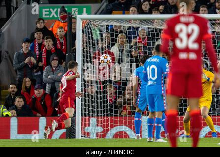 Liverpool. 3rd Nov, 2021. Liverpool's Diogo Jota (front 1st L) scores the first goal during the UEFA Champions League Group B match between Liverpool and Atletico Madrid in Liverpool, Britain, on Nov. 3, 2021. Liverpool won 2-0. Credit: Xinhua/Alamy Live News Stock Photo