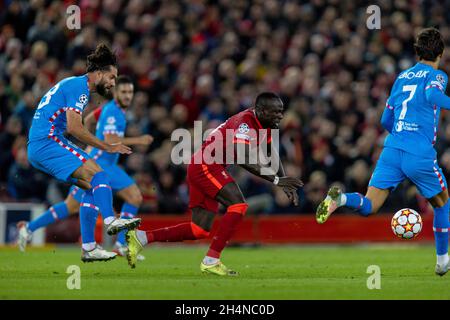 Liverpool. 3rd Nov, 2021. Atletico Madrid's Felipe (Front, L) tackles Liverpool's Sadio Mane (C) during the UEFA Champions League Group B match between Liverpool and Atletico Madrid in Liverpool, Britain, on Nov. 3, 2021. Liverpool won 2-0. Credit: Xinhua/Alamy Live News Stock Photo