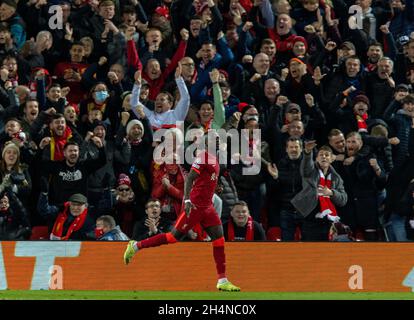 Liverpool. 3rd Nov, 2021. Liverpool's Sadio Mane celebrates scoring during the UEFA Champions League Group B match between Liverpool and Atletico Madrid in Liverpool, Britain, on Nov. 3, 2021. Liverpool won 2-0. Credit: Xinhua/Alamy Live News Stock Photo
