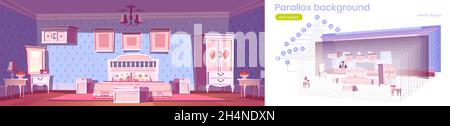 Bedroom in shabby chic style with bed, wardrobe and mirror. Vector parallax background for 2d animation with cartoon interior with pink furniture with flower decor Stock Vector