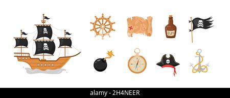 Pirate collection. Ship, flag, hat, map, anchor, compass. Piracy items isolated on white background. Childish vector illustration in flat cartoon Stock Vector